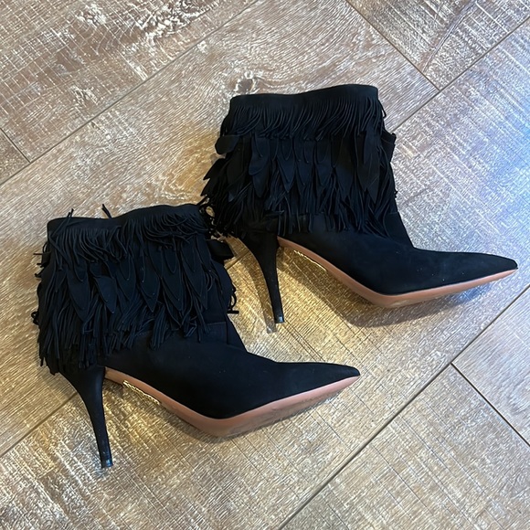 Aquazzura Black Suede Fringe Ankle Booties - Picture 8 of 10